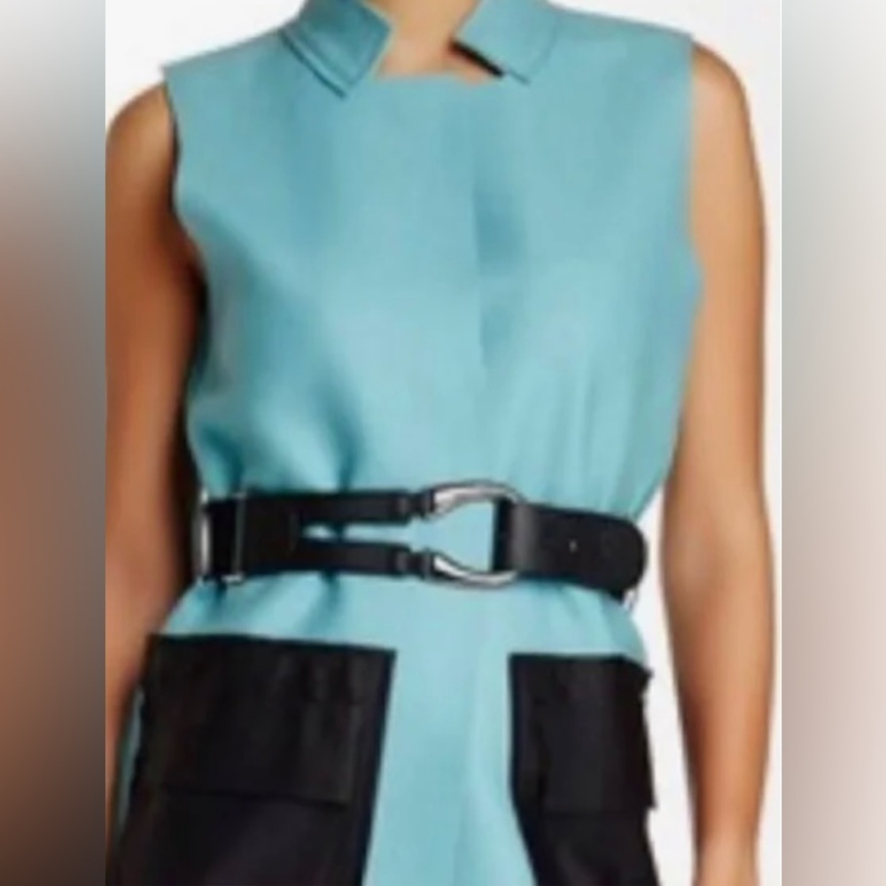 GRACIA Faux  Leather Trim Wool Blend Longline Vest in Aqua Size Medium